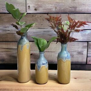 Matching set of three Casa Moda vases yellow beige and gray blue 11.5, 9.5, 7.5